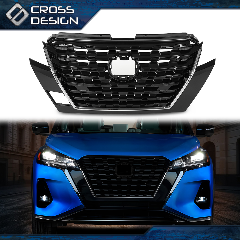 YLT Auto Black Upper Grille – For 2021-2023 Nissan Kicks Front Bumper, Honeycomb Style (With Camera Hole, ABS)