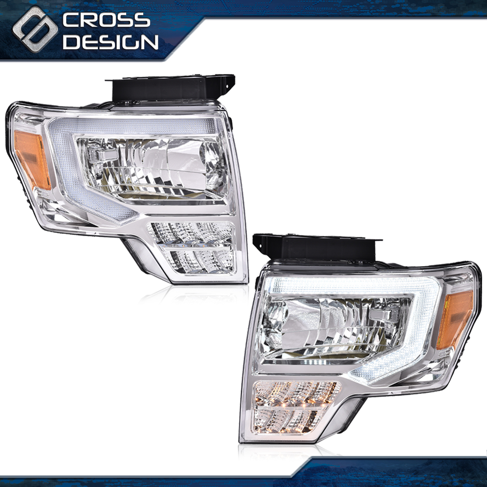 LED DRL CHROME HEADLIGHT HEADLAMPS AMBER REFLECTOR FIT FOR 09-14 FORD F150 F-150